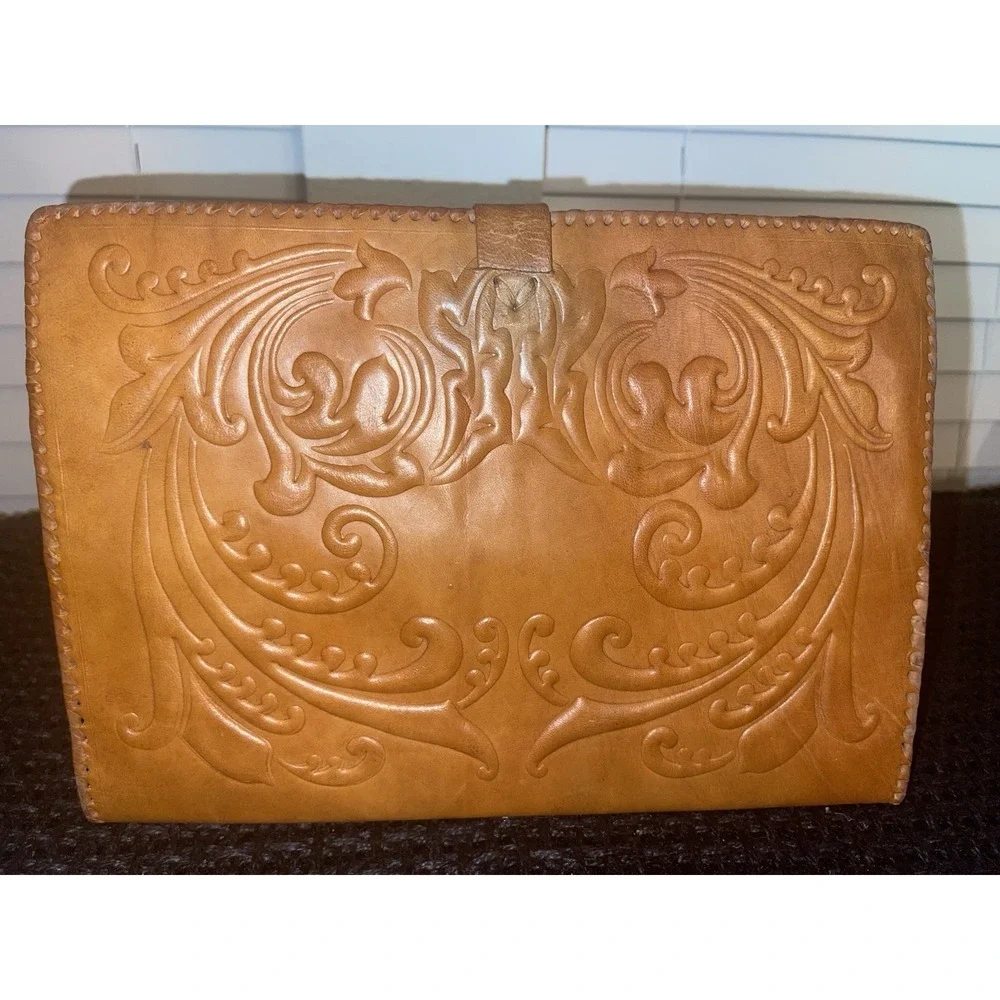 Vintage‎ Tooled Leather Portfolio Folder Brown Leather
